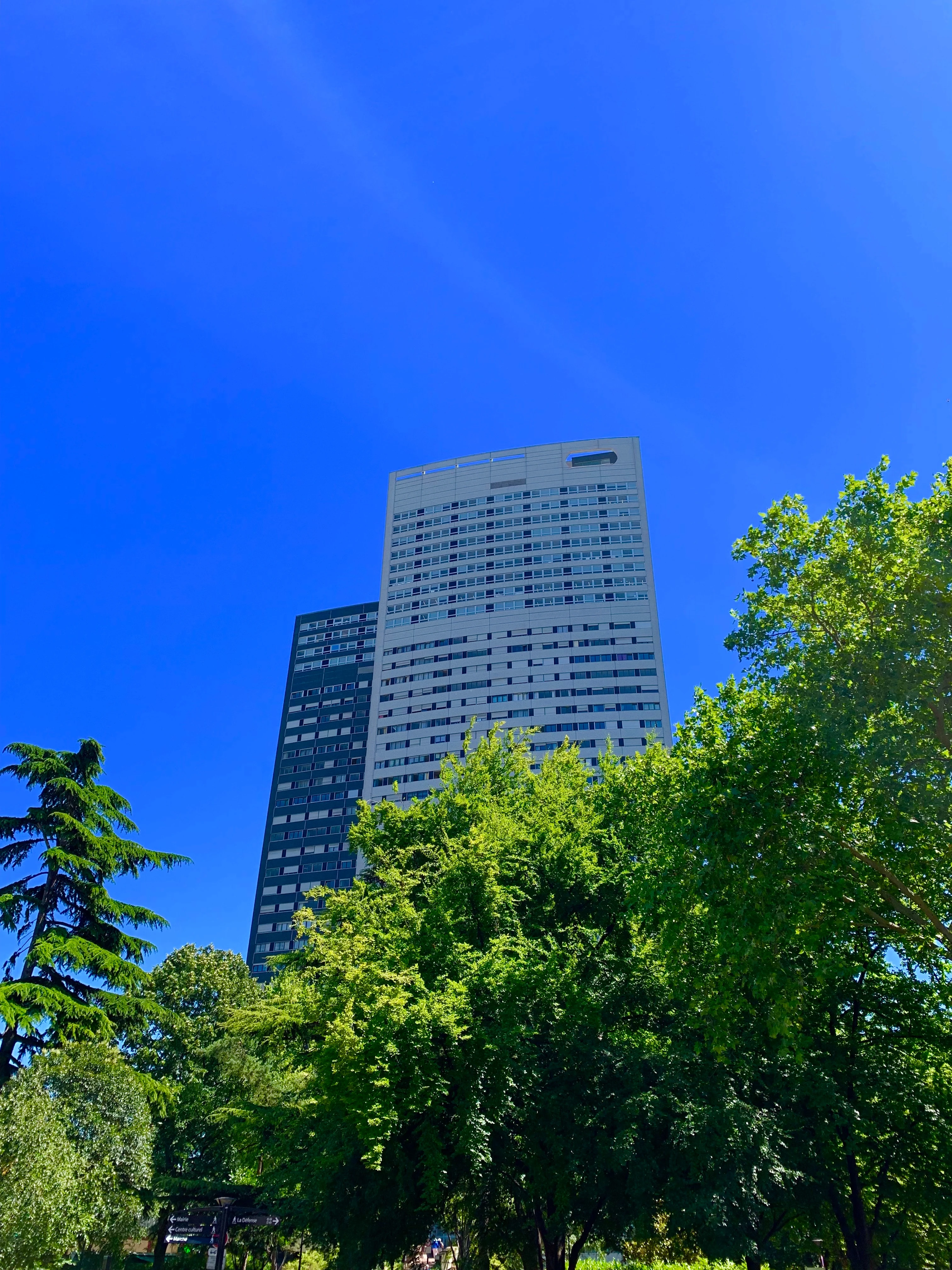 Hoog MKB kantoorpand met groene bomen ervoor